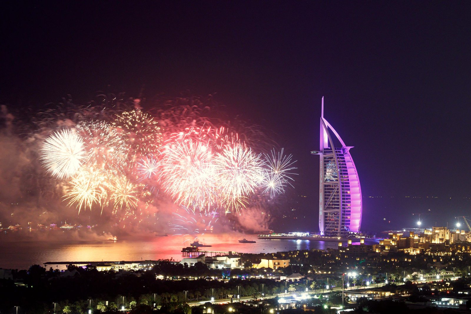 Fireworks bursting beside Burj Al Arab