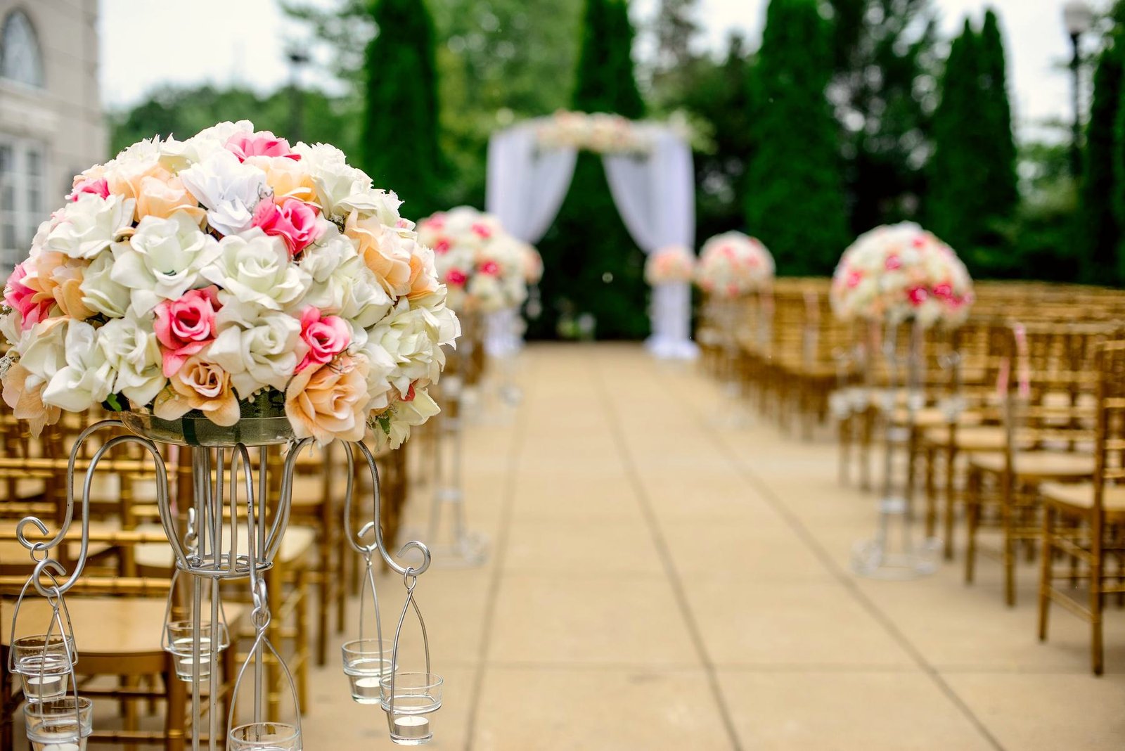 A flower-lined wedding aisle